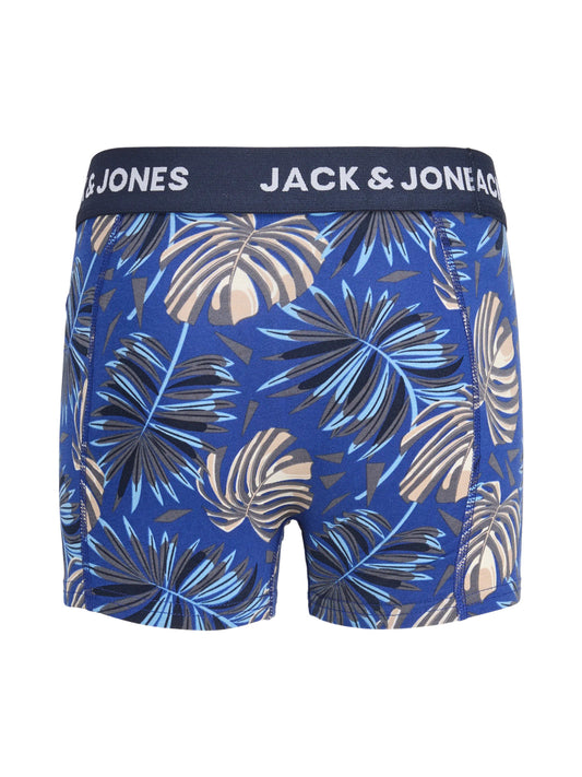 Jack & Jones Junior Hendo boxershorts 3-pack pojke junior Vetiver med tropiskt bladmönster och mörkblå kalsonger