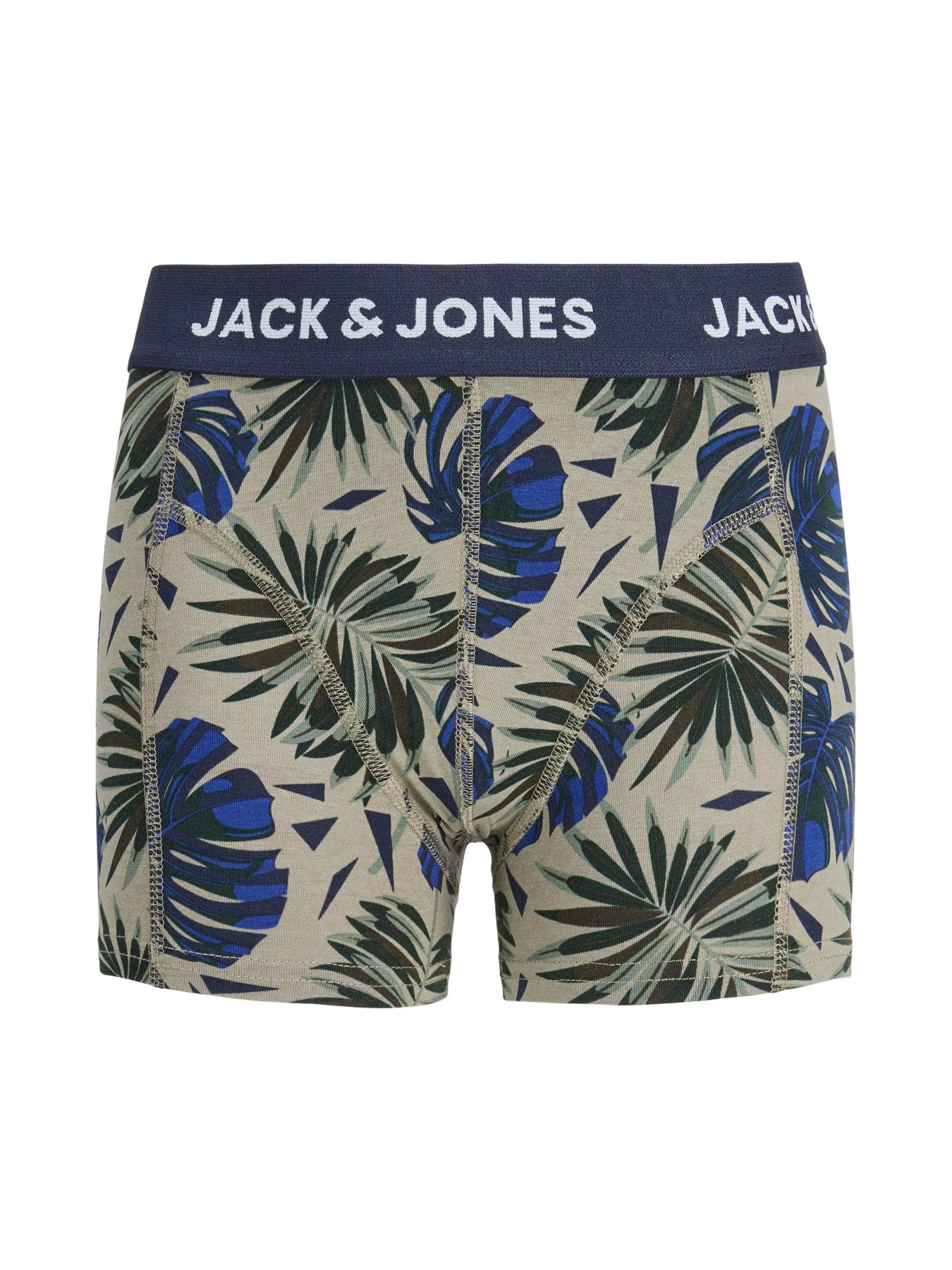 Jack & Jones Junior Hendo boxershorts 3-pack pojke junior Vetiver med tropiskt bladmönster och mörkblå kalsonger