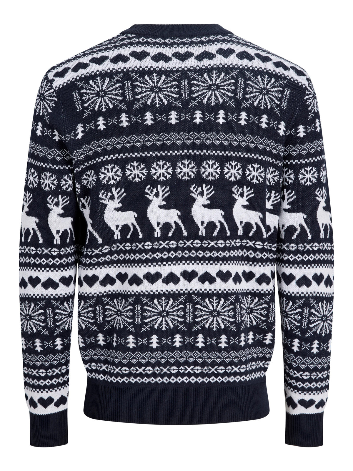 Jack & Jones Junior Santa stickad jultröja bakifrån med nordiskt julmönster, renar, granar och hjärtan.