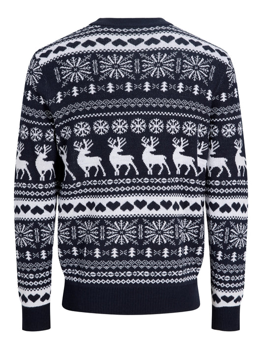 Jack & Jones Junior Santa stickad jultröja bakifrån med nordiskt julmönster, renar, granar och hjärtan.