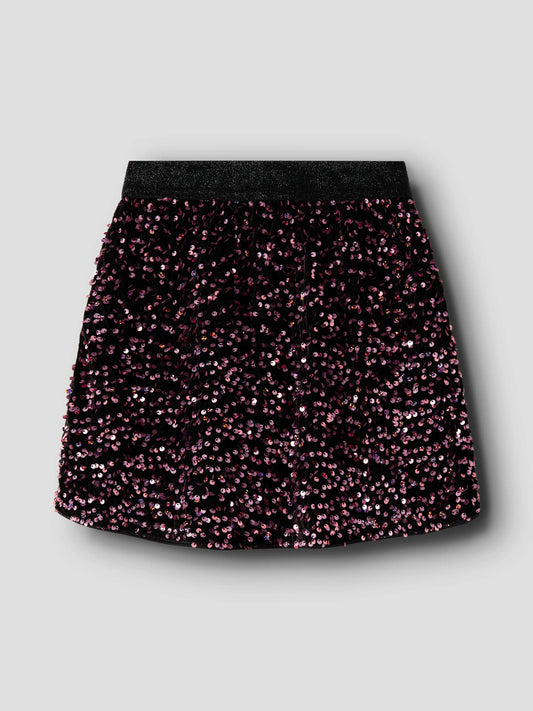 Runica paljettkjol från Name It i svart med vinröda och rosa paljetter samt glittrig resårmidja.