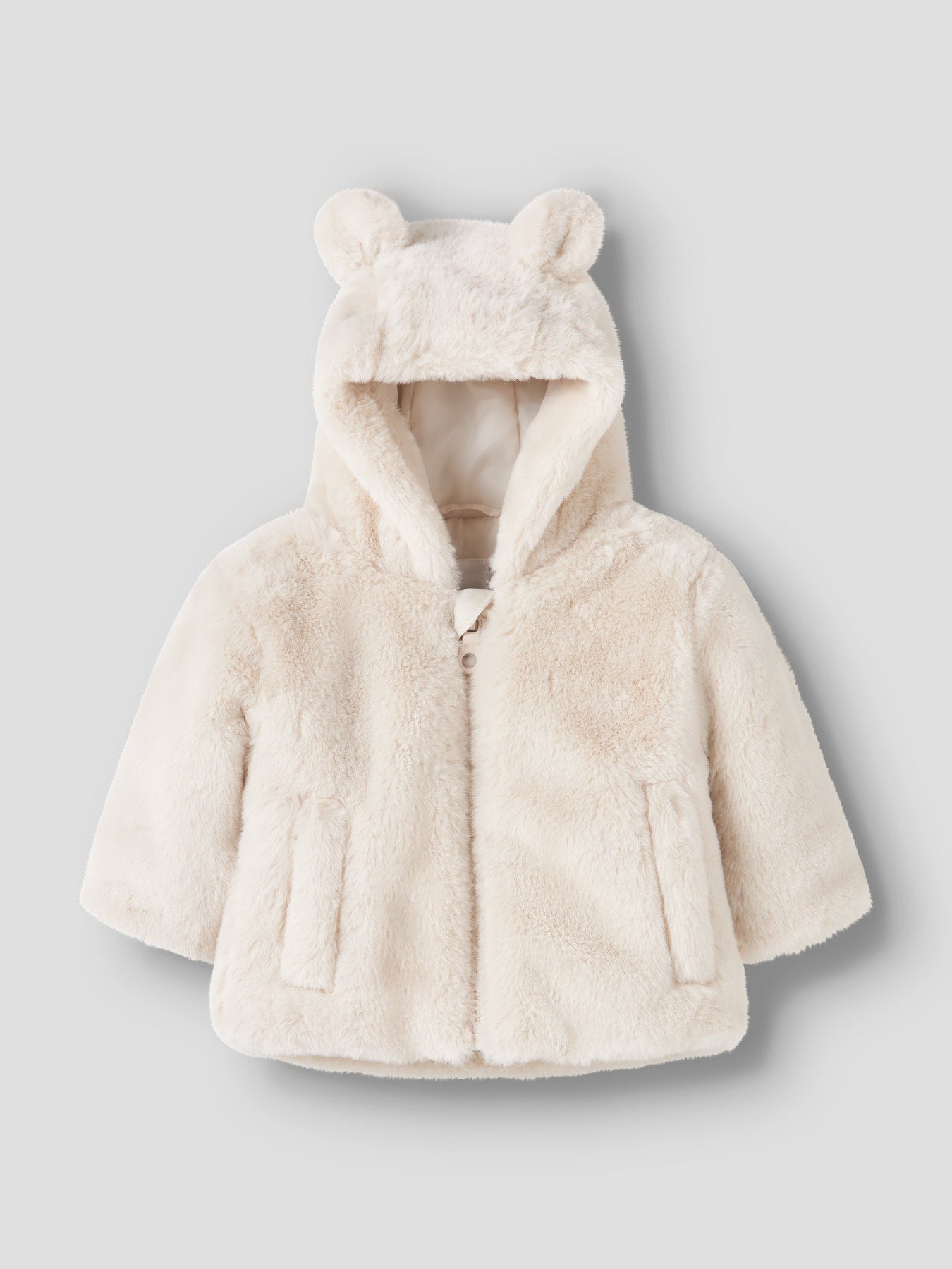 Name It Mila ljus fuskpälsjacka i Moonbeam med huva och små öron för baby flicka