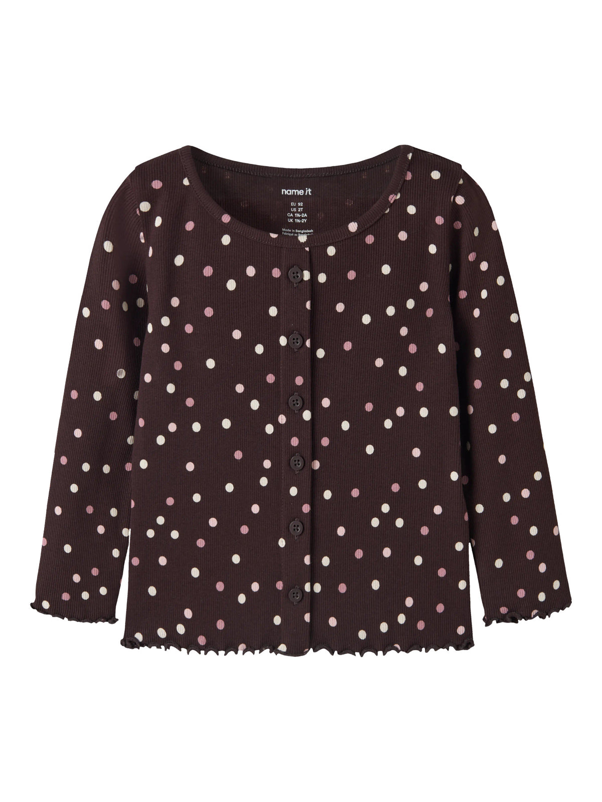 Name It Vemia ribbad långärmad topp för flicka mini Chocolate Plum med prickar och knappar – 13248313