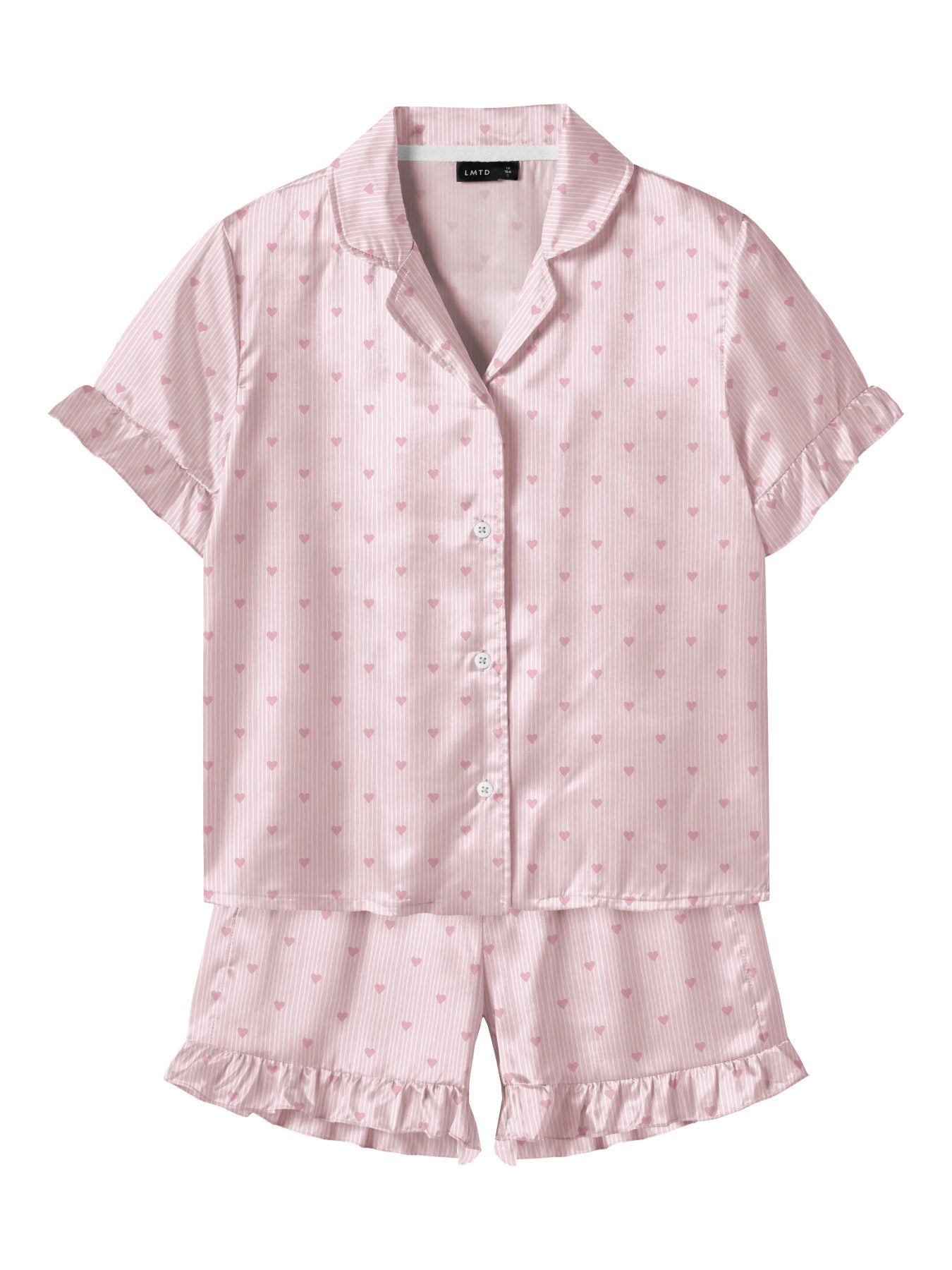 Söt sidenpyjamas med shorts och kortärmad skjorta i satin till flicka. Barn och ungdoms pyjamas till tjej, rosa med volanger och små hjärtan.
NLFNIGHTY SS SHORTS PYJAMAS SET
13254791