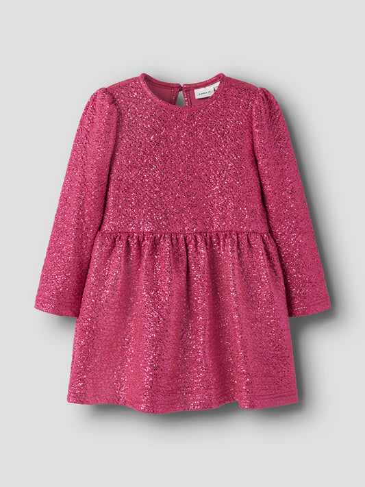 Name It Risine glittrig rosa klänning med lång ärm för flicka framifrån