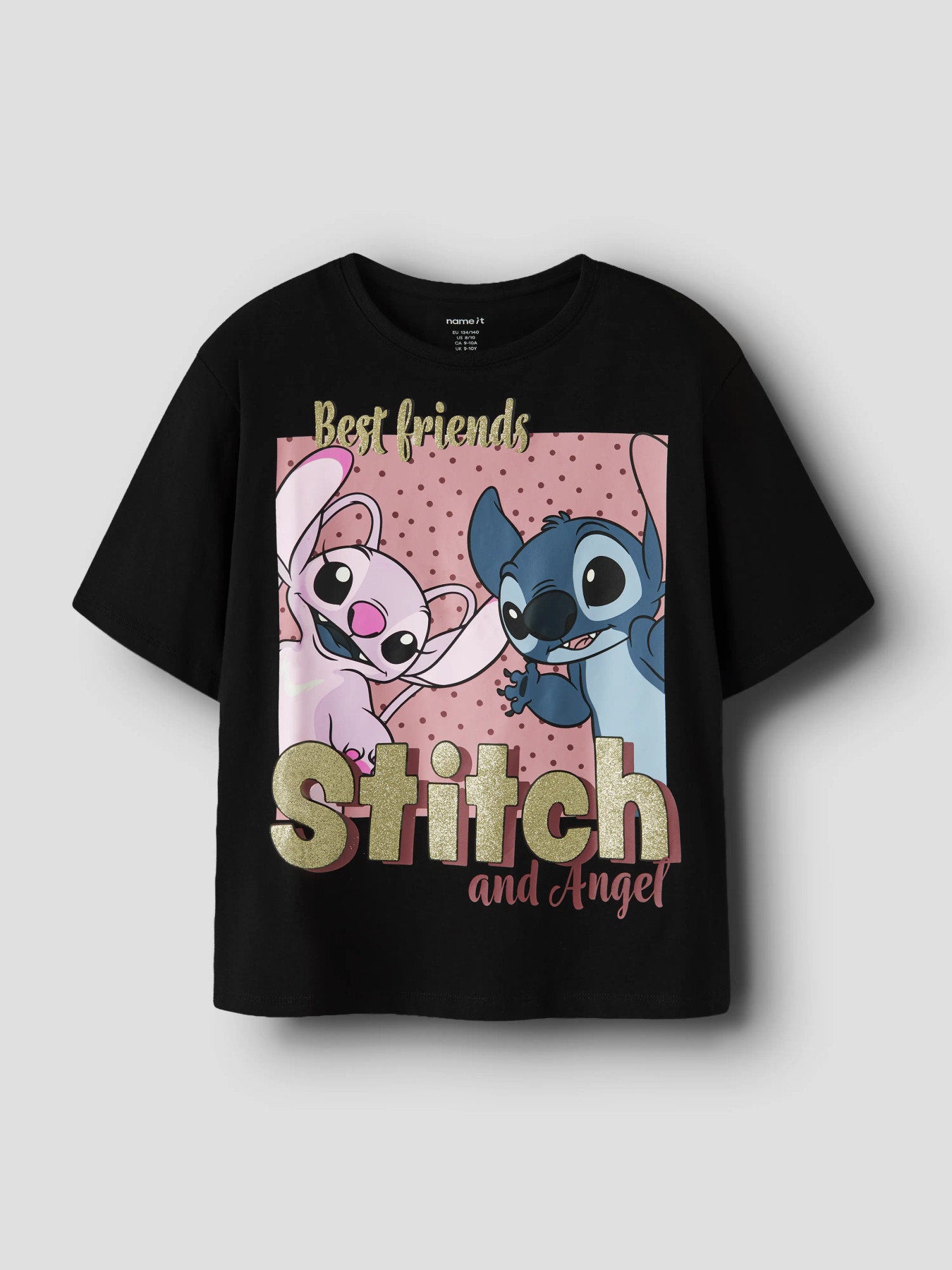 Name It Adara svart t-shirt med Disney Stitch och Angel samt glittertryck för kids flicka.
