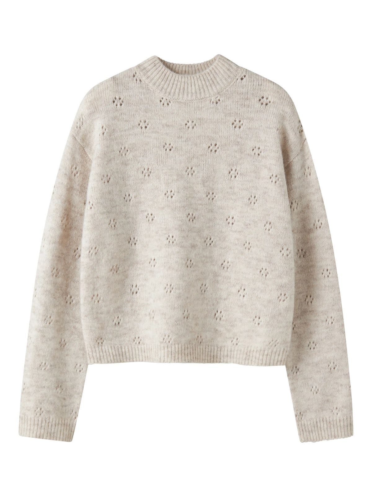 LMTD Namelyn kort stickad tröja ungdom flicka oatmeal beige med hålstickat mönster