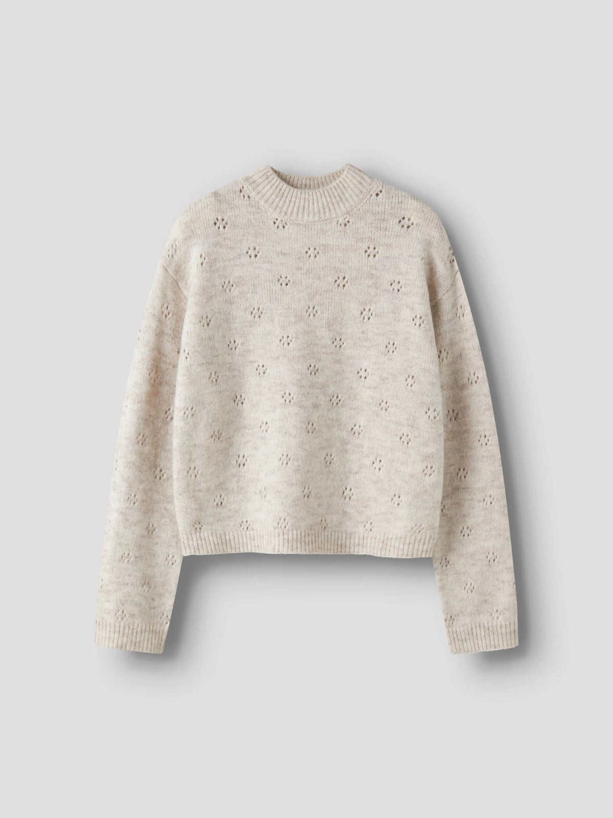 LMTD Namelyn kort stickad tröja ungdom flicka oatmeal beige med hålstickat mönster