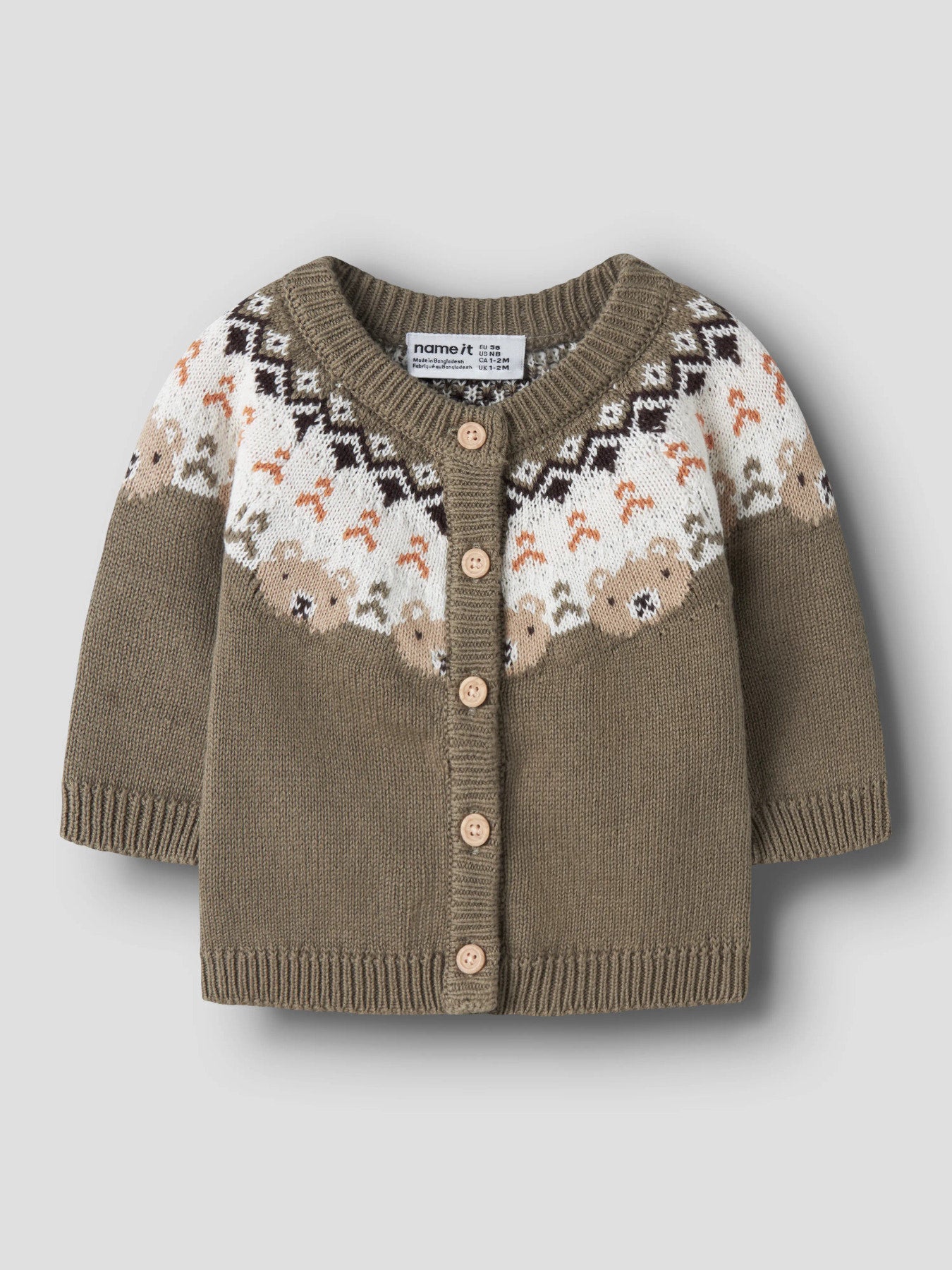 Name It Osmane stickad cardigan baby pojke Mermaid grönbrun med björnmönster i ekologisk bomull