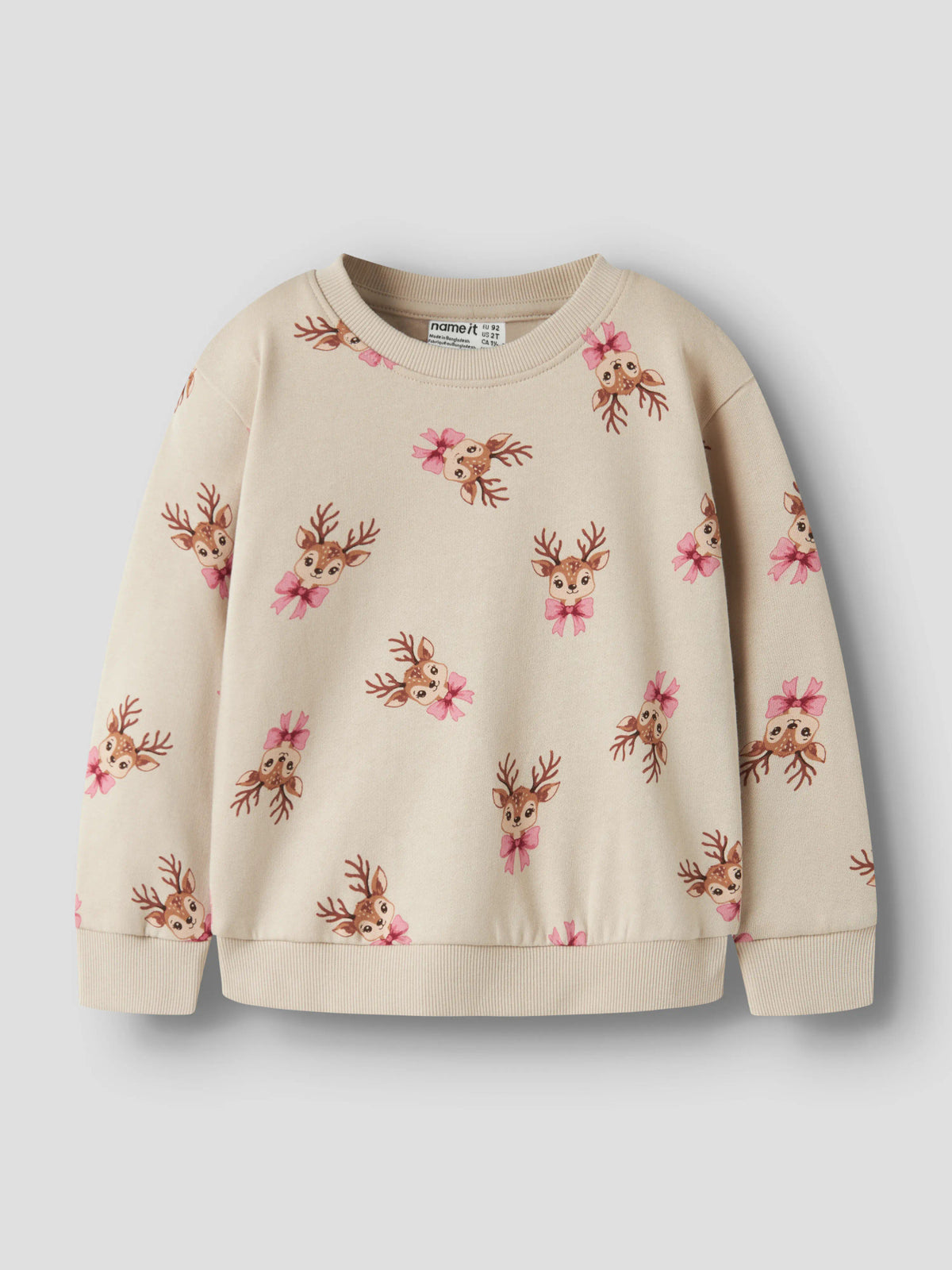 Name It Vertrud cremefärgad jultröja flicka med små rådjur och rosa rosetter