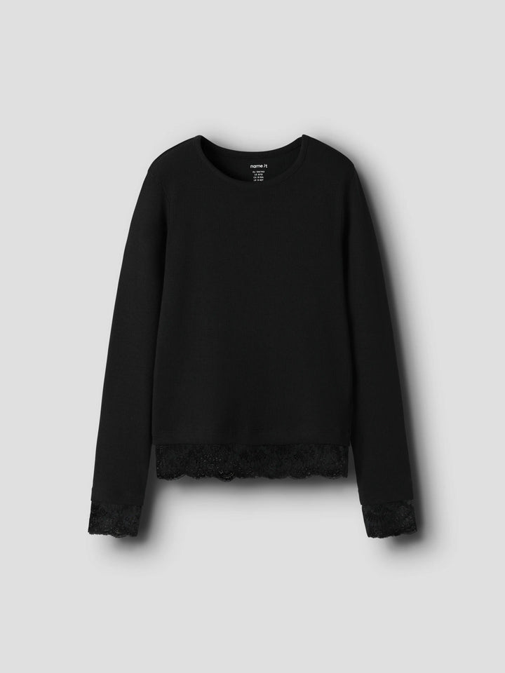 Black Rosima Ribbad Topp med Spets för barn flicka från Name it, framifrån