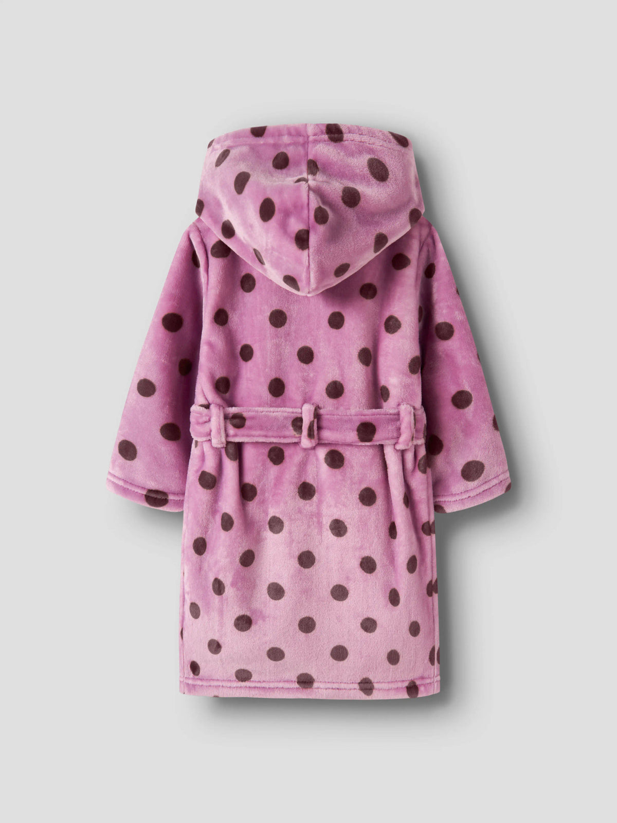 Name It Raveq rosa prickig morgonrock i velour för flicka med huva och skärp bakifrån