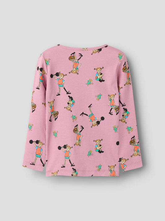 Name It Ara Pippi Långstrump långärmad ribbad tröja i rosa ekologisk bomull för flicka.