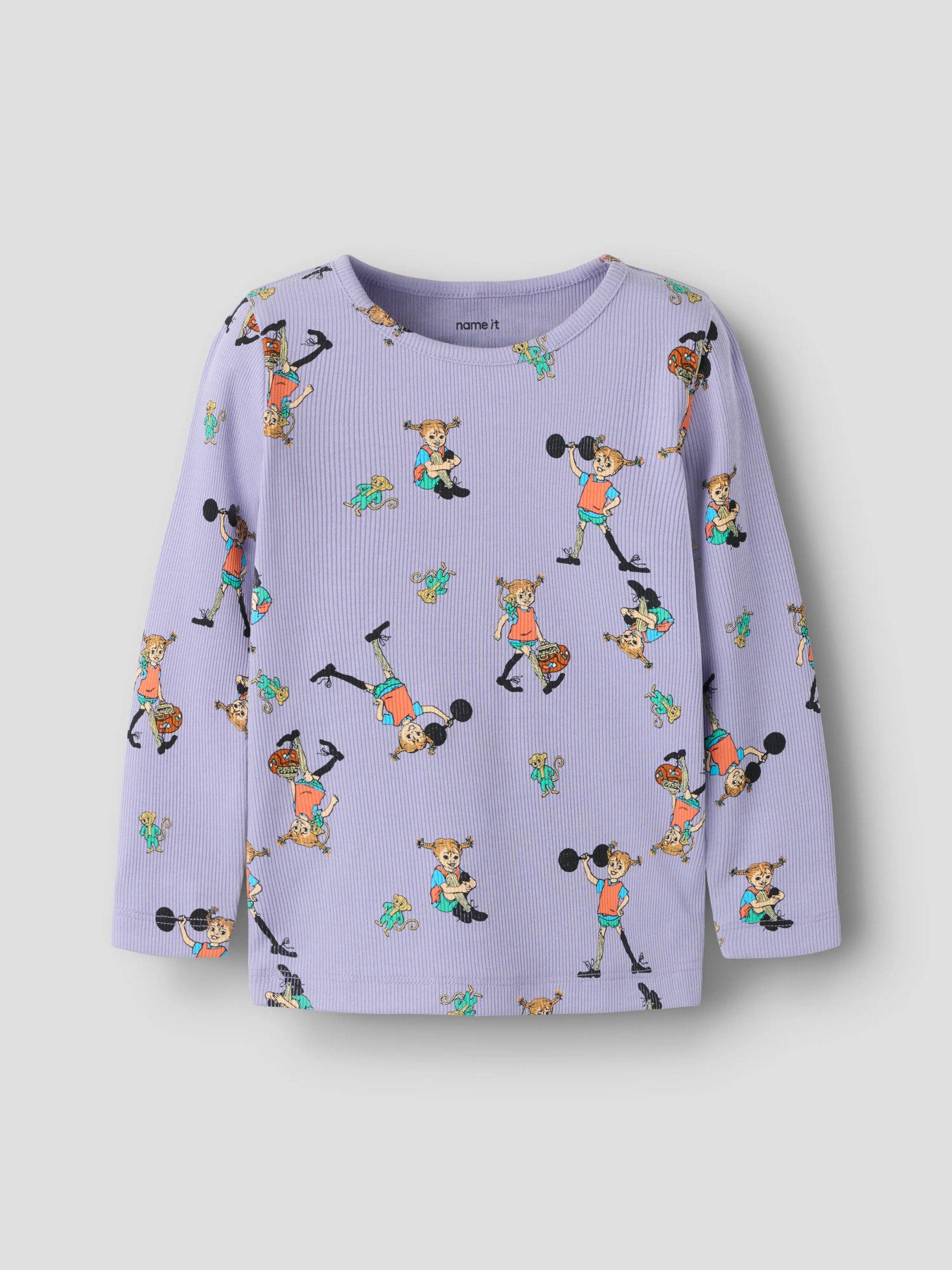 Name It Ara Pippi Långstrump långärmad ribbad tröja i ljuslila ekologisk bomull för flicka.