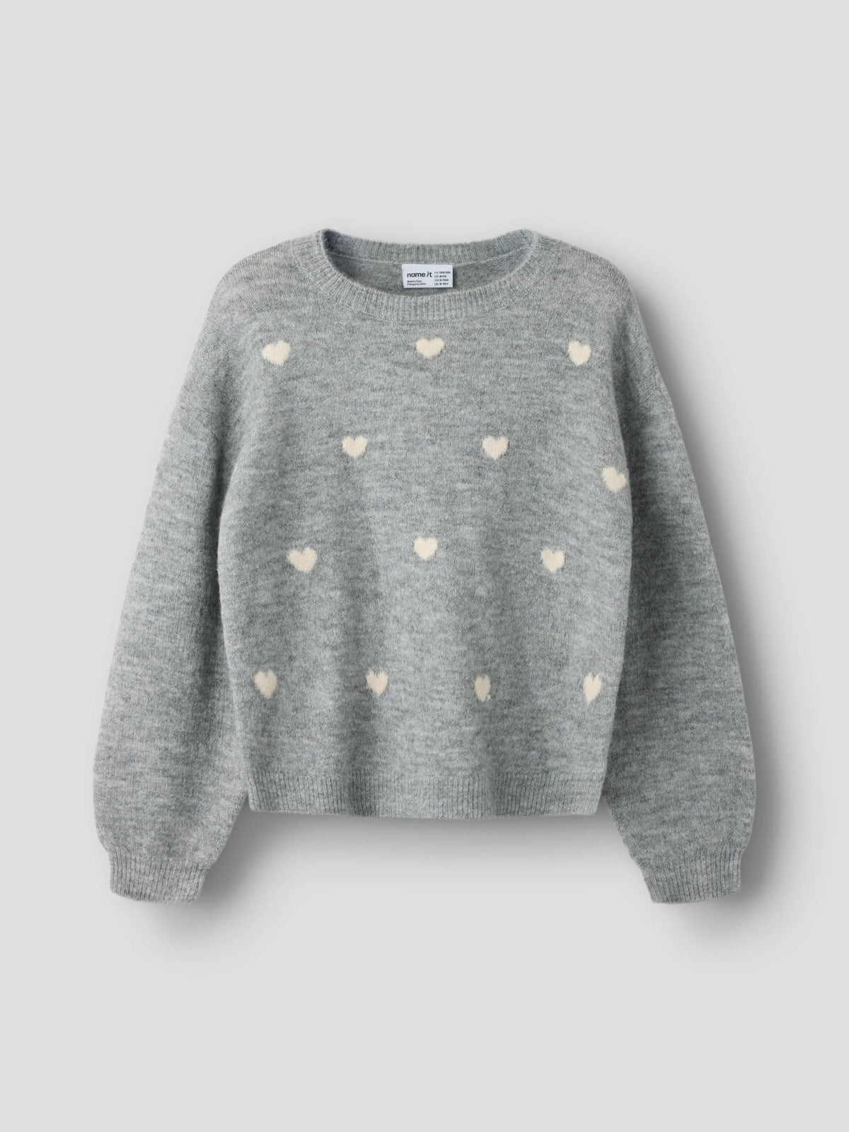 Name It Ogusse grå stickad tröja kids flicka med cremevita hjärtan