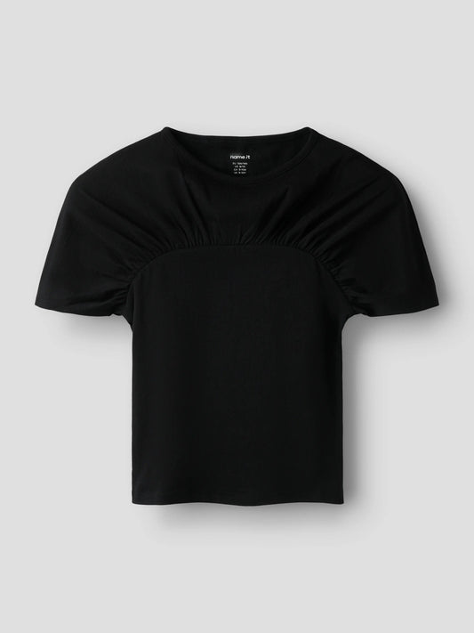 Name It Nalia svart t-shirt med rynkdetalj för flicka kids – 13263238