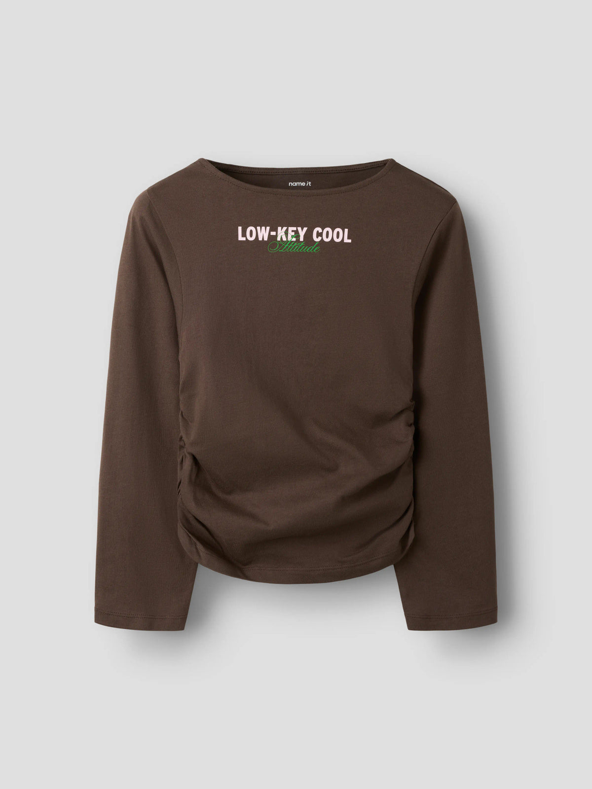 Name It Nabella långärmad topp för flicka kids Chocolate Brown med rynkdetalj och textprint – 13265073