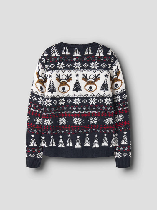 Name It Rismas stickad jultröja barn unisex marinblå med renar granar och snöflingor