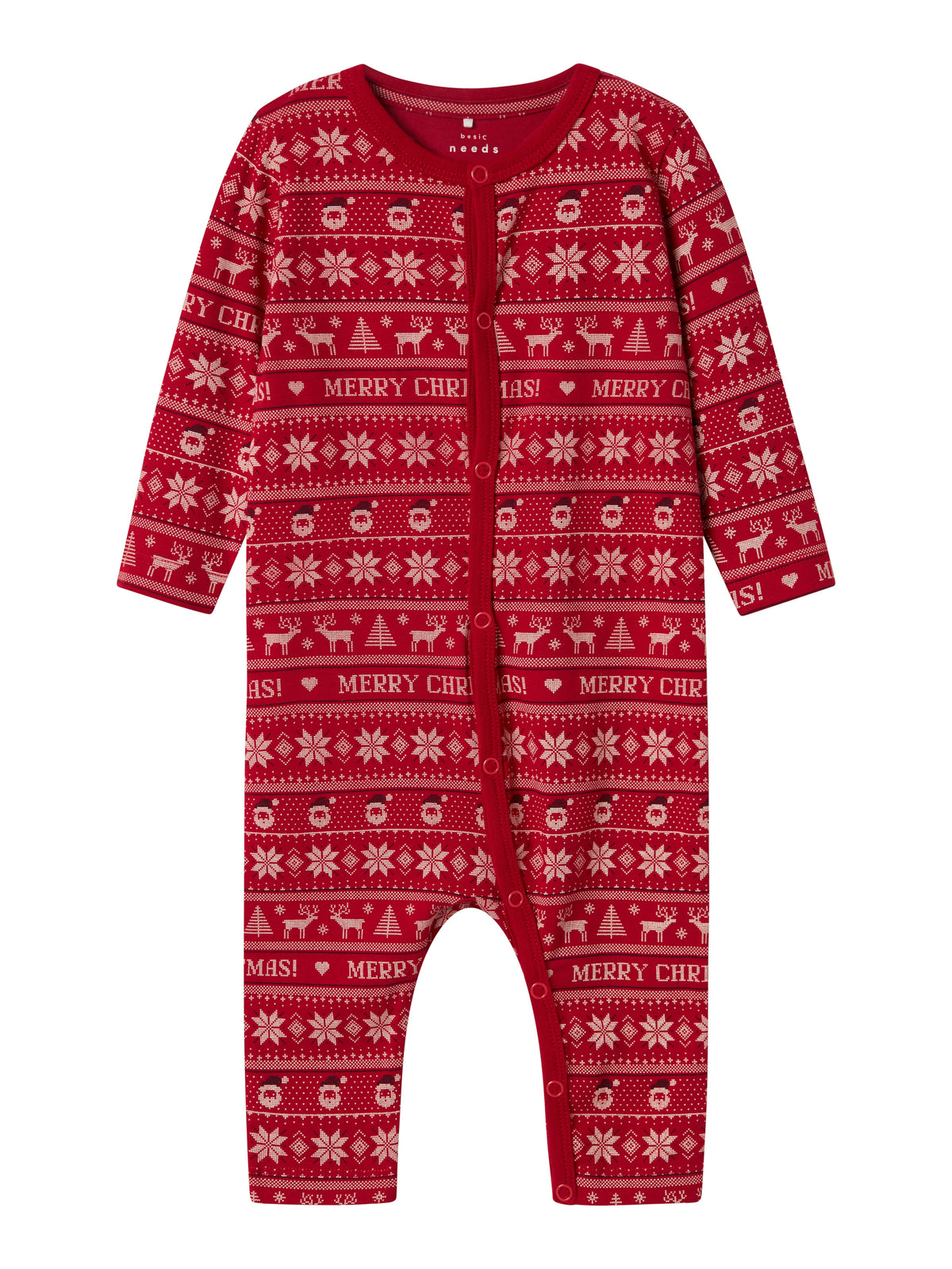 Röd julpyjamas till baby flicka och pojke. Låt första julen bli en mysig tid tillsammans med din bebis och njut av långa mornar i en skön pyjamas. Babypyjamas med tomtar på.
