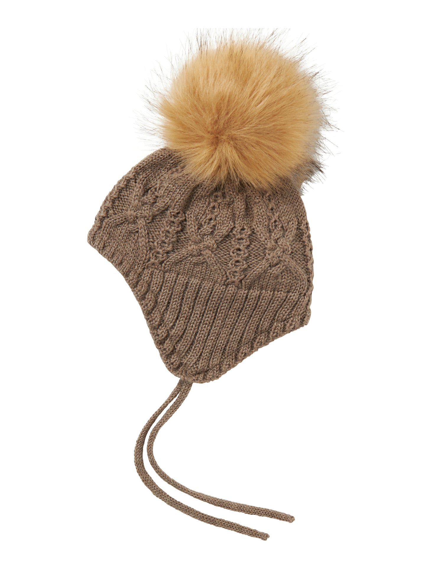 Beige, brun baby mössa i ull, merinoull med avtagbar tofs. Söt baby mössa till din lille pojke eller flicka med knyte under hakan.
Produkttyp: Mössa
Stängning: band att knyta
Extra detaljer: Pom-poms, Badge
Jazza upp ditt barns outfit med roliga och praktiska huvudbonader och lägg till en snygg touch. Kabelstickning kännetecknas av rader som korsar varandra för en mjuk känsla och en mysig look.