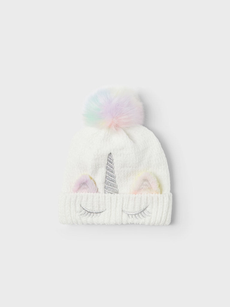Vit unicorn mössa med regnbåge färgad tofs. Söt vintermössa med fleece foder till flicka.
NMFMETEA KNIT BEANIE2
13245393