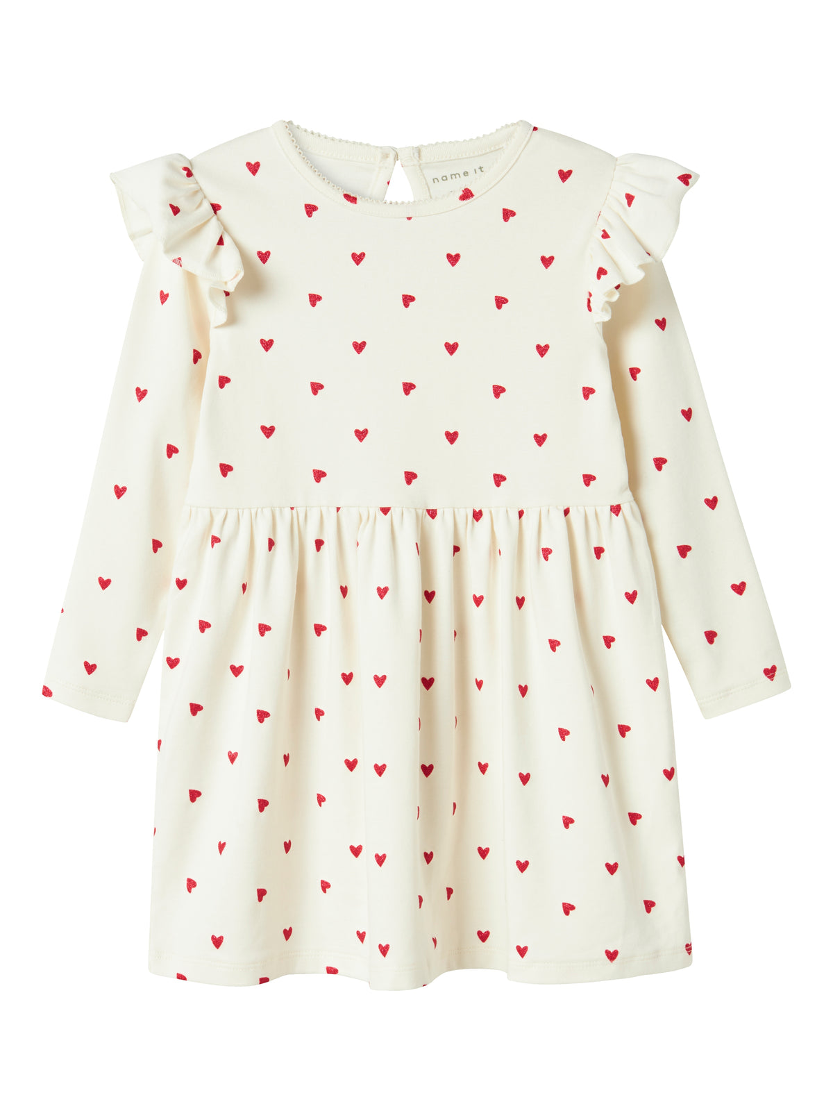 Gullig vit klänning till flicka. Söt hjärtan klänning till liten tjej. Fin vardagsklänning i ekologisk bomull från Name it.
NMFDHEART LS DRESS
13241007
