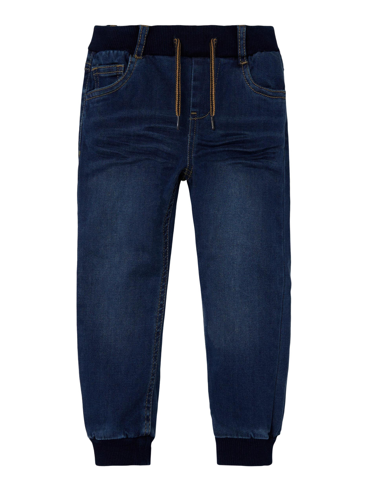 Mjukis jeans till liten kille, tjej, pojke och flicka. Skön byxa som ser ut som jeans men känns som en mysbyxa. Blå barn Jeans med mudd i midjan och vid benslut.