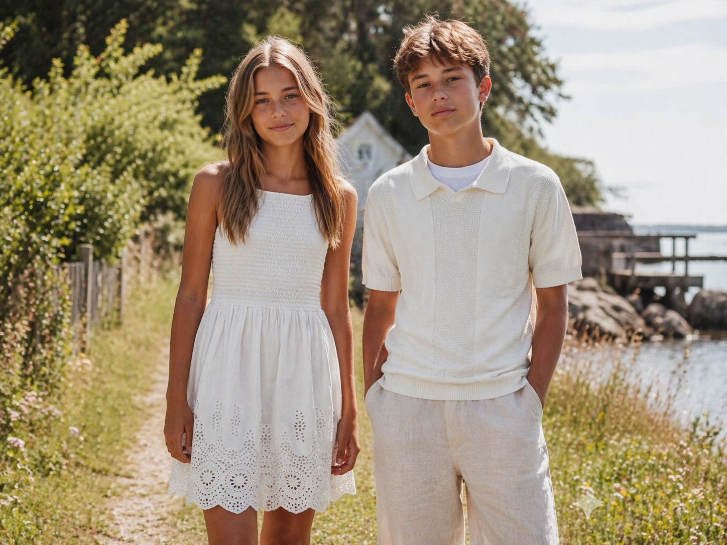 Ungdomar kille och tjej i fina vita sommarkläder. Barn och ungdoms kläder till skolavslutning eller midsommar