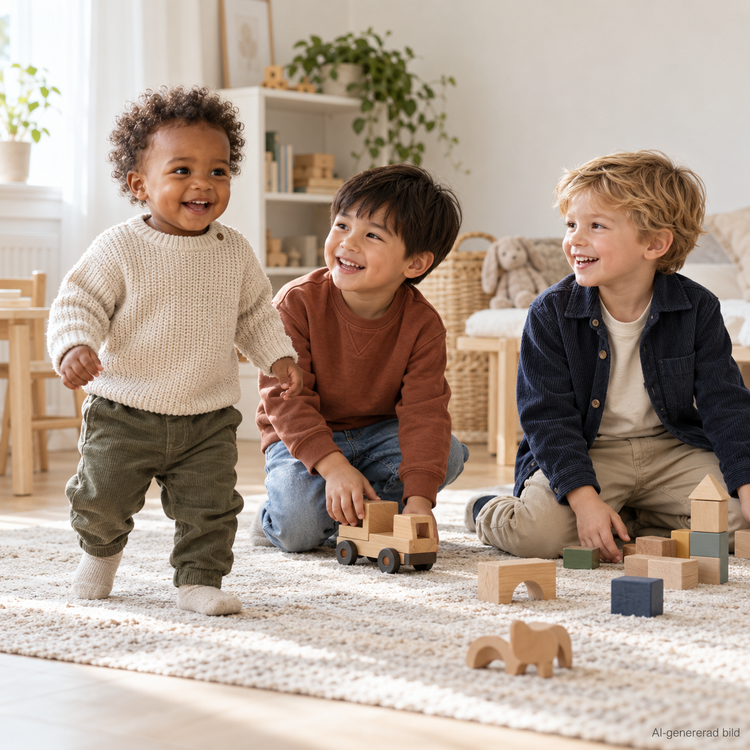 Tre pojkar i åldern 1–5 år i moderna barnkläder