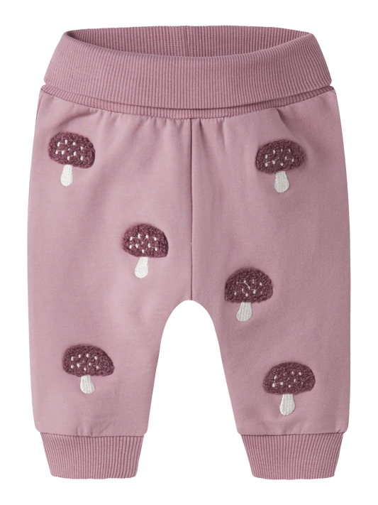 Name It Oditte rosa mjukisbyxa baby flicka med brunt svampmönster