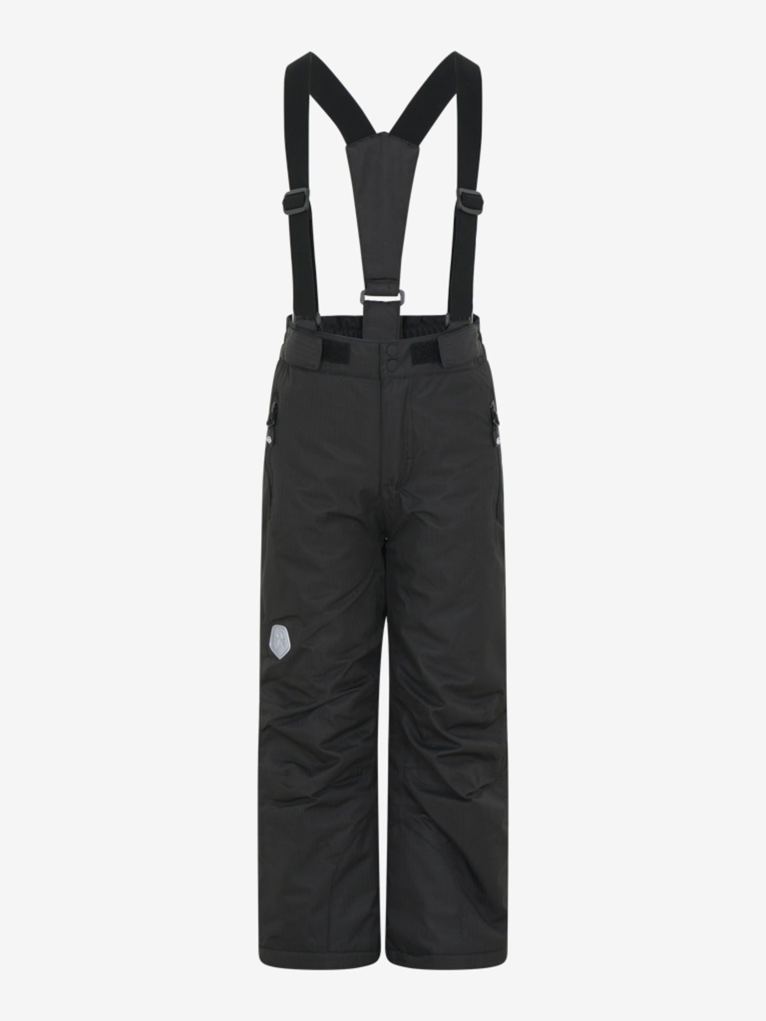 Svarta täckbyxor, skid byxor, termo byxor till pojke, flicka, kille, tjej. 
Avtagbara hängslen, ställbar midja och snölås. Superbra byxa från Colorkids.