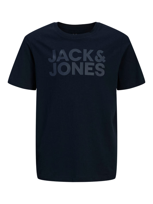 Jack & Jones Junior marinblå t-shirt för pojke med logotyp på bröstet och mjuk bomullskvalitet