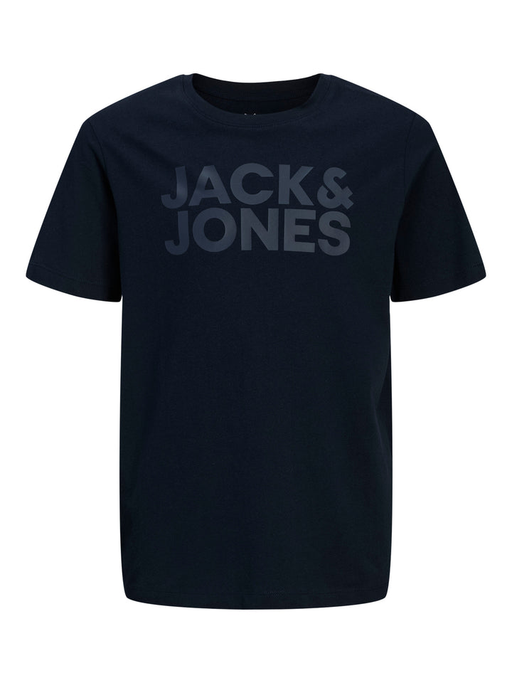 Jack & Jones Junior marinblå t-shirt för pojke med logotyp på bröstet och mjuk bomullskvalitet