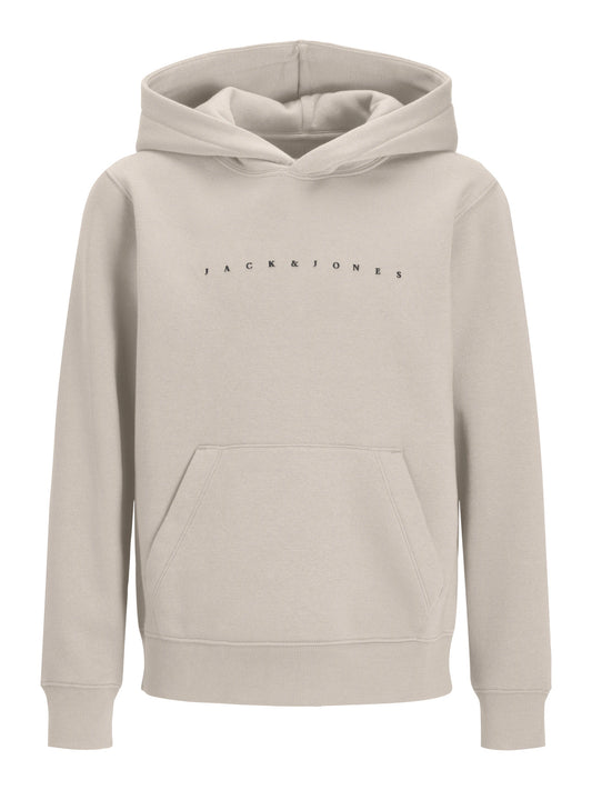 Jack & Jones Junior Star hoodie för pojke med snygg logotyp och känguruficka i färgen Moonbeam