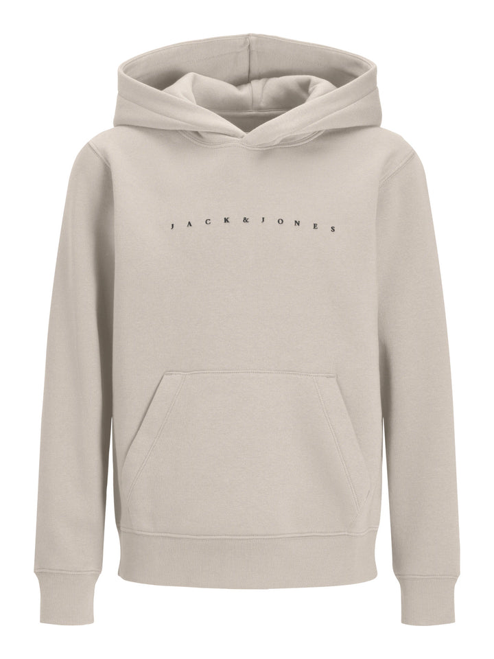 Jack & Jones Junior Star hoodie för pojke med snygg logotyp och känguruficka i färgen Moonbeam