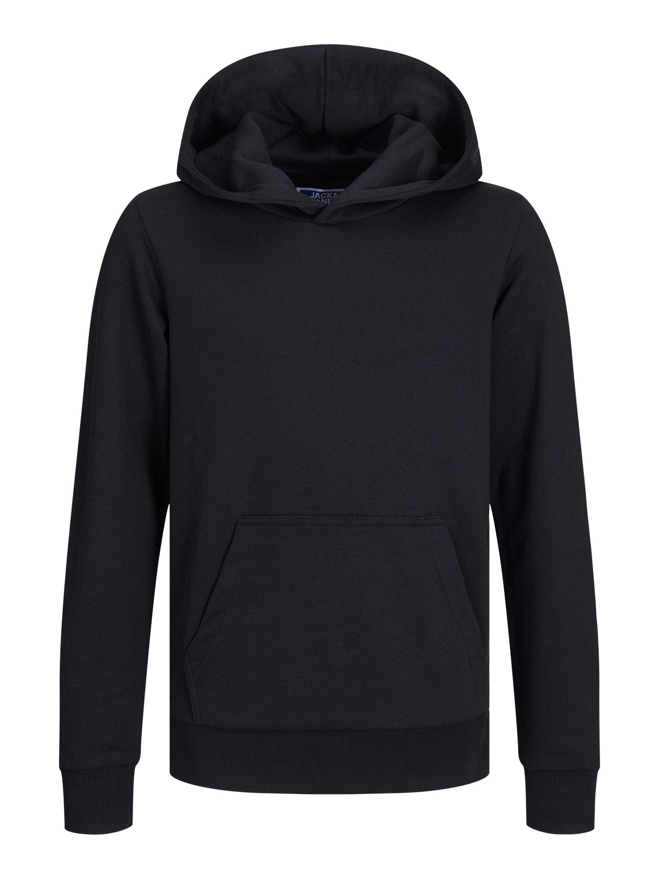 Jack & Jones Junior svart hoodie för pojke med fast huva, känguruficka och mjuk sweatkvalitet