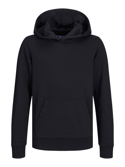 Jack & Jones Junior svart hoodie för pojke med fast huva, känguruficka och mjuk sweatkvalitet