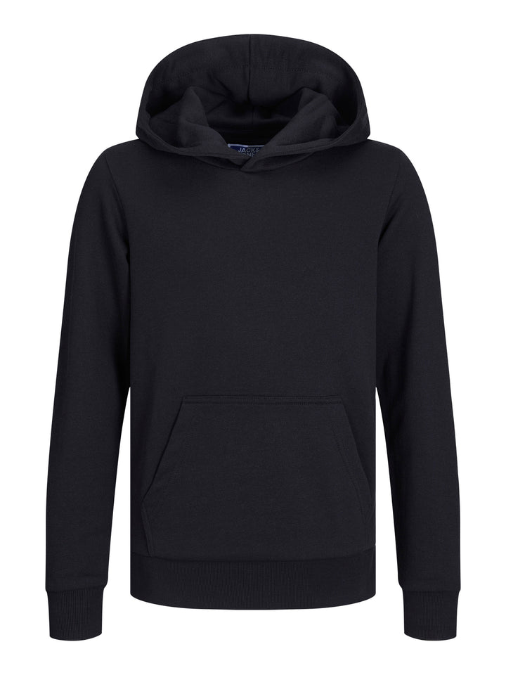 Jack & Jones Junior svart hoodie för pojke med fast huva, känguruficka och mjuk sweatkvalitet