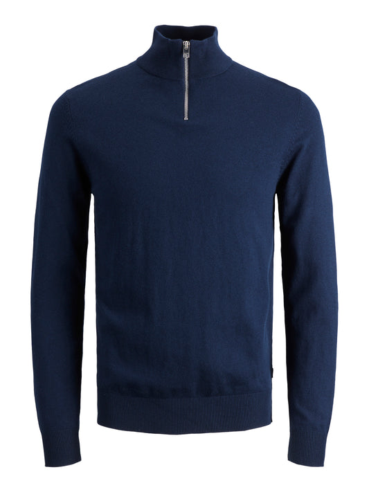 Jack & Jones Junior Emil stickad marinblå half zip-tröja med hög krage för ungdom kille.