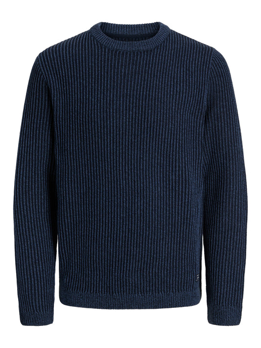 Jack & Jones Junior marinblå stickad tröja med rund hals för pojke.