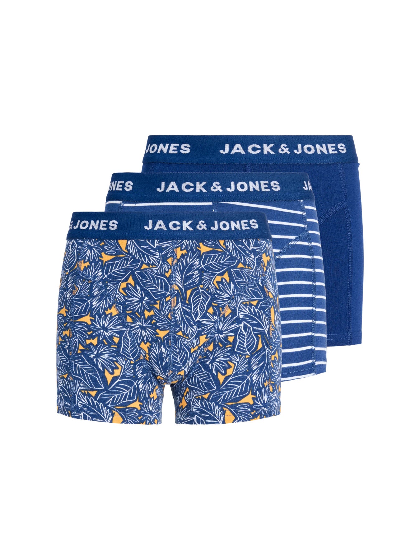 3 pack blå enfärgade och mönstrade boxershorts till ungdom kille i ekologisk bomull från Jack and Jones. Kalsonger till pojke barn och ungdom med resår logo från Jack & Jones junior.
JACKEVIN LEAVES TRUNKS 3 PACK JNR
12297415