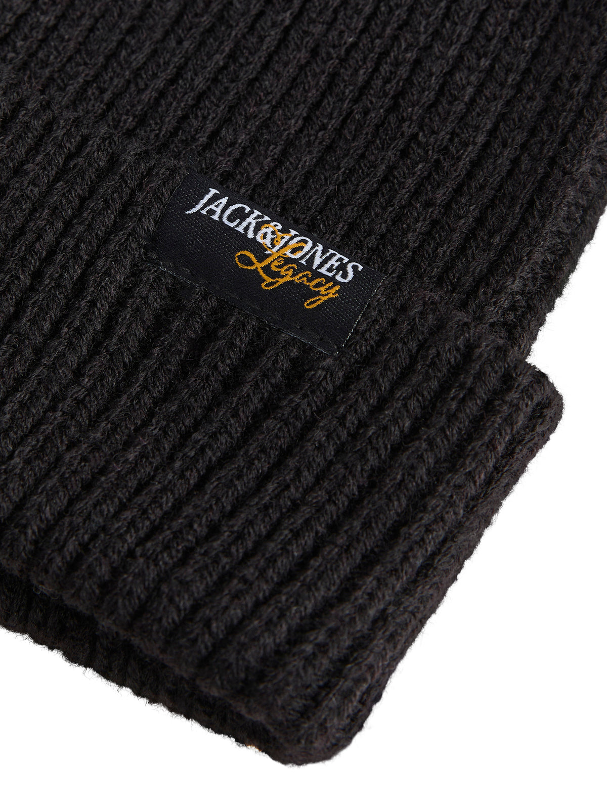 Jade svart ribbstickad mössa från Jack & Jones Junior med uppvikt kant och logotyp