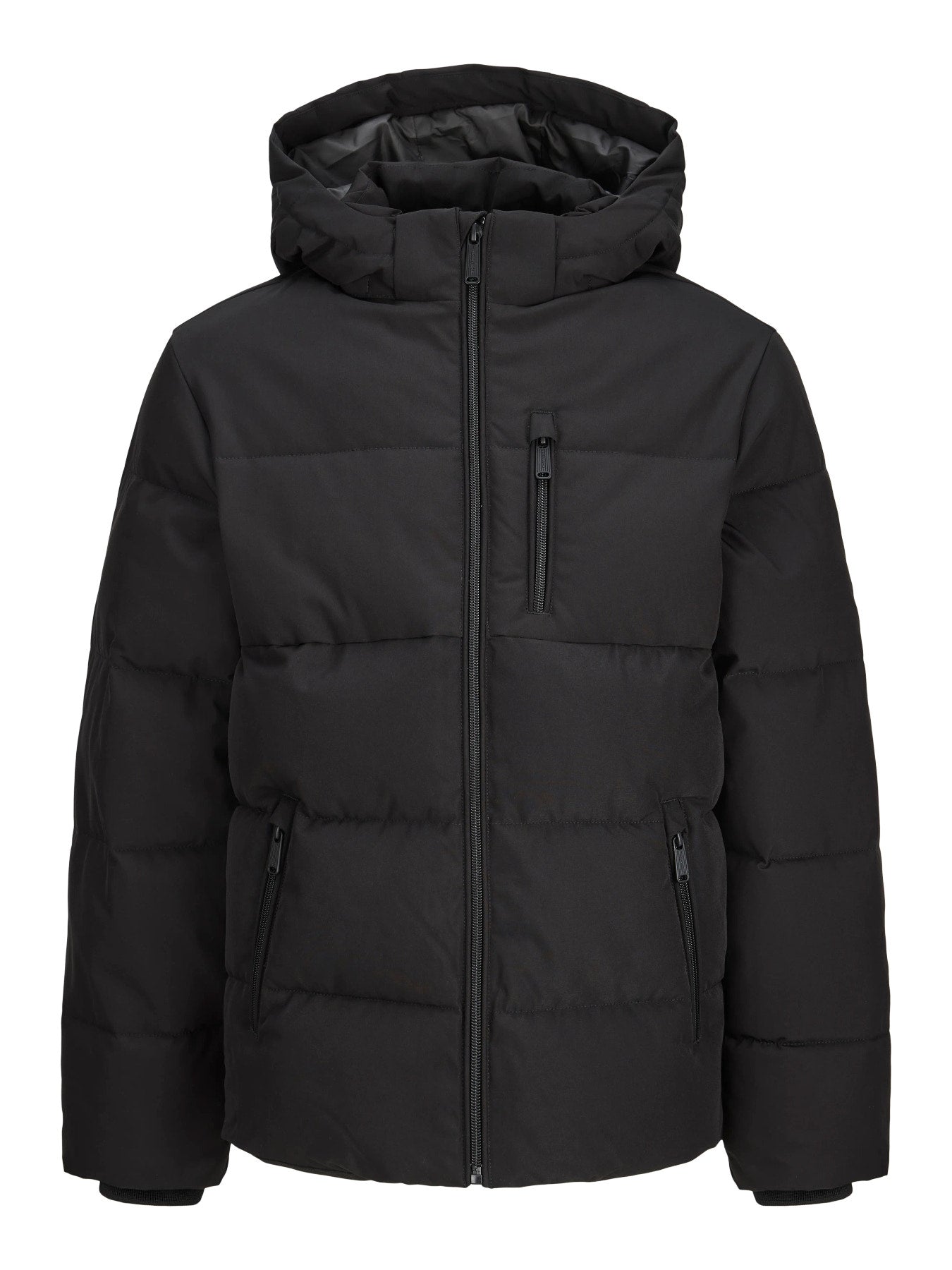 Jack & Jones Junior Becks svart pufferjacka med huva för ungdom kille.