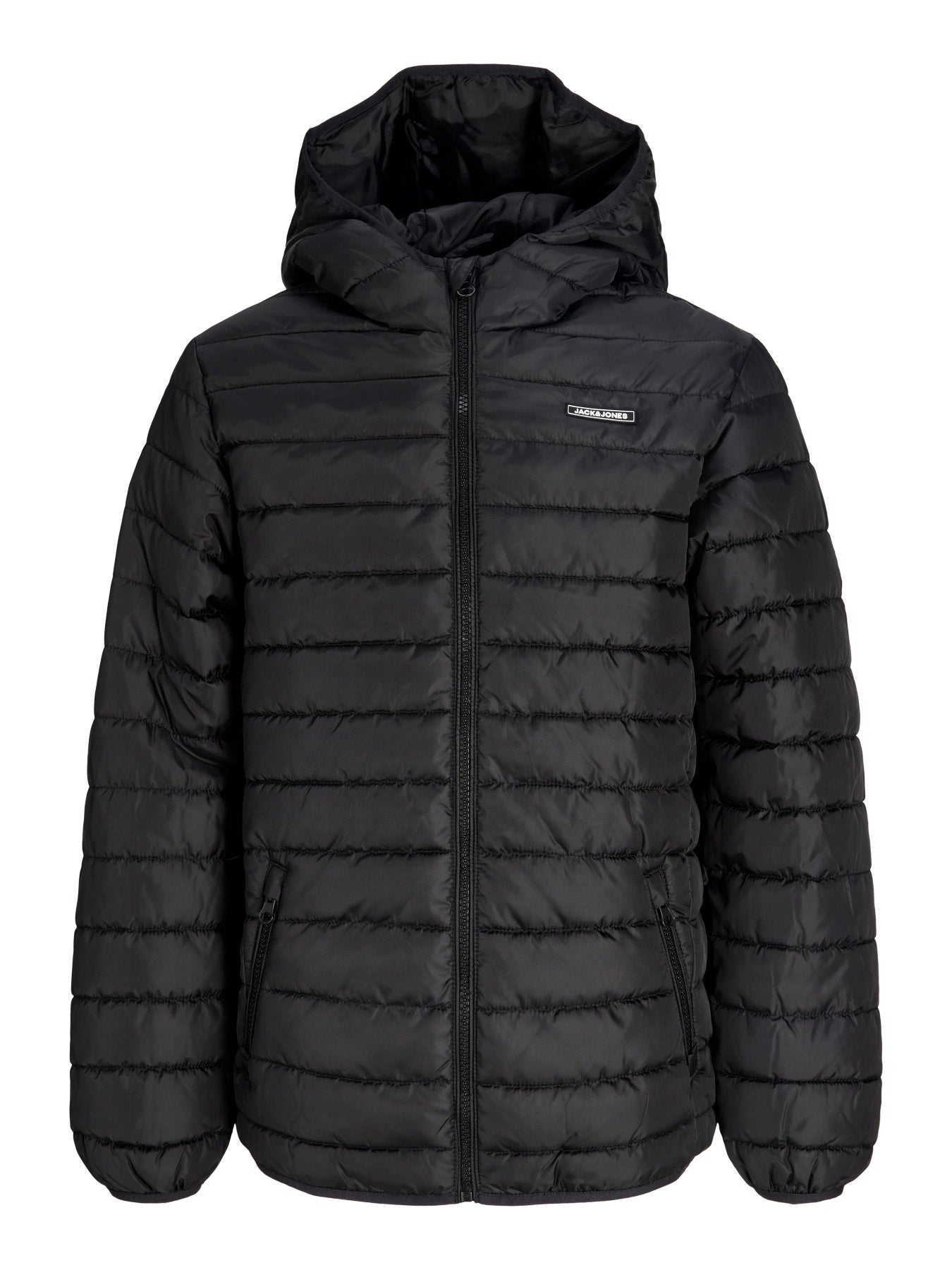 Jack & Jones Junior svart lättviktsjacka med huva för ungdom kille.