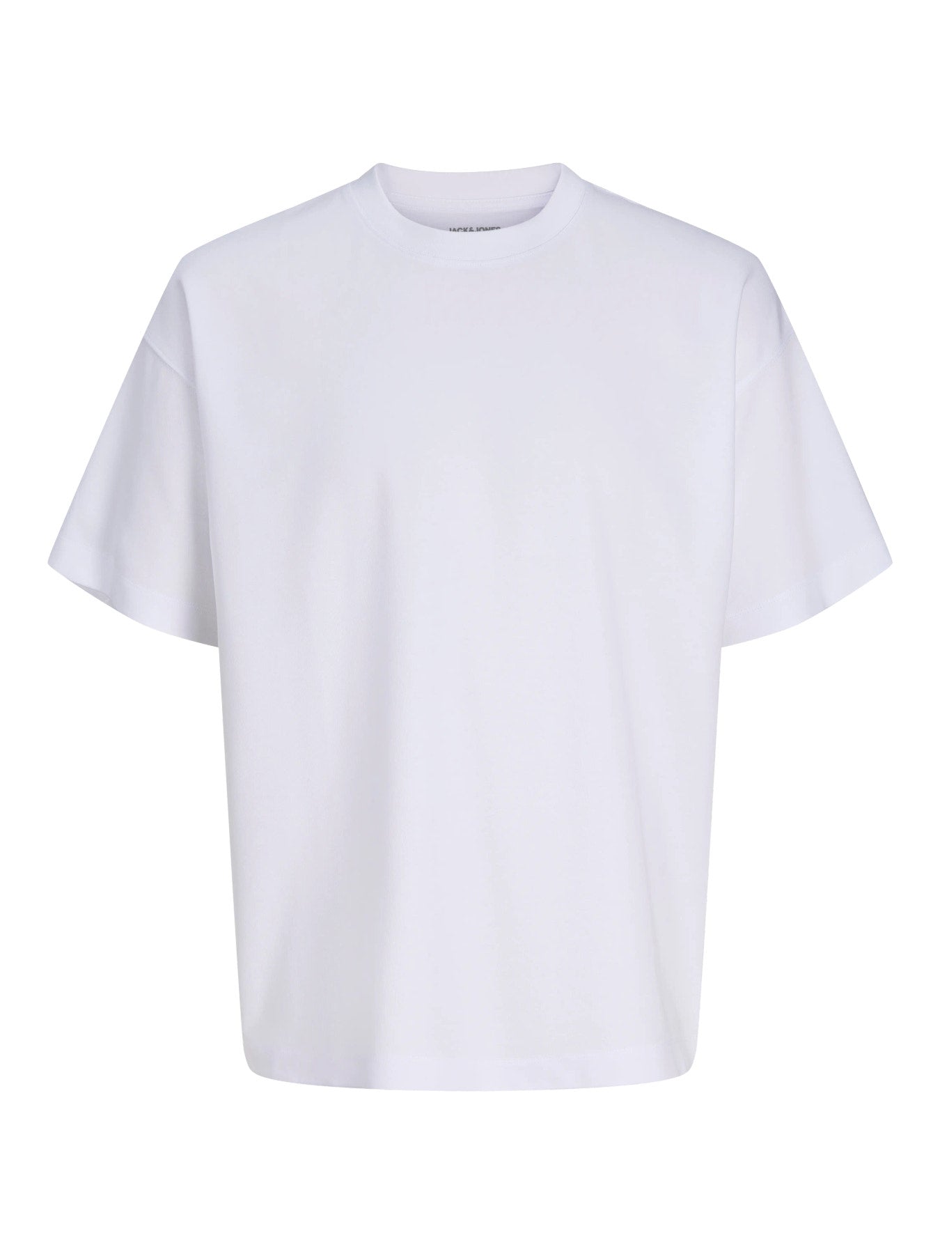 Jack & Jones Junior vit loose fit t-shirt för pojke i ekologisk bomull och återvunnen polyester med rund halsringning och mjuk interlock-kvalitet