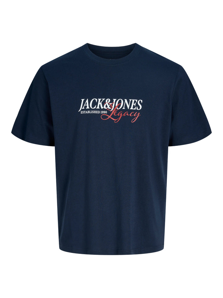 Jack & Jones Junior Jade marinblå T-shirt med Legacy-tryck framifrån till ungdom kille