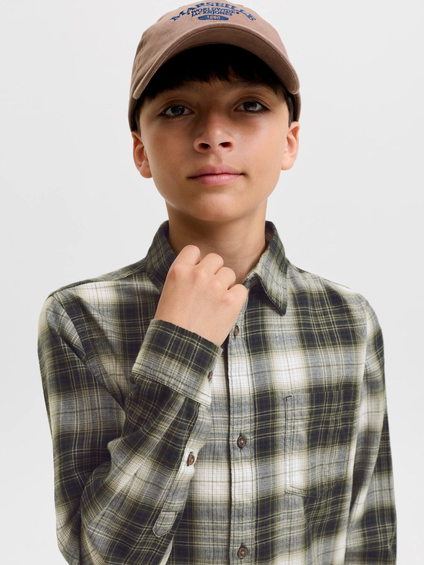 Jack & Jones Junior James grönrutig flanellskjorta för pojke i färgen Rosin.
