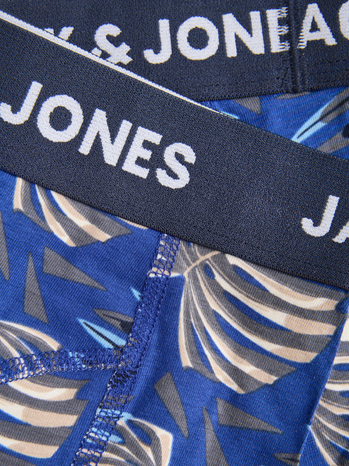 Jack & Jones Junior Hendo boxershorts 3-pack pojke junior Vetiver med tropiskt bladmönster och mörkblå kalsonger