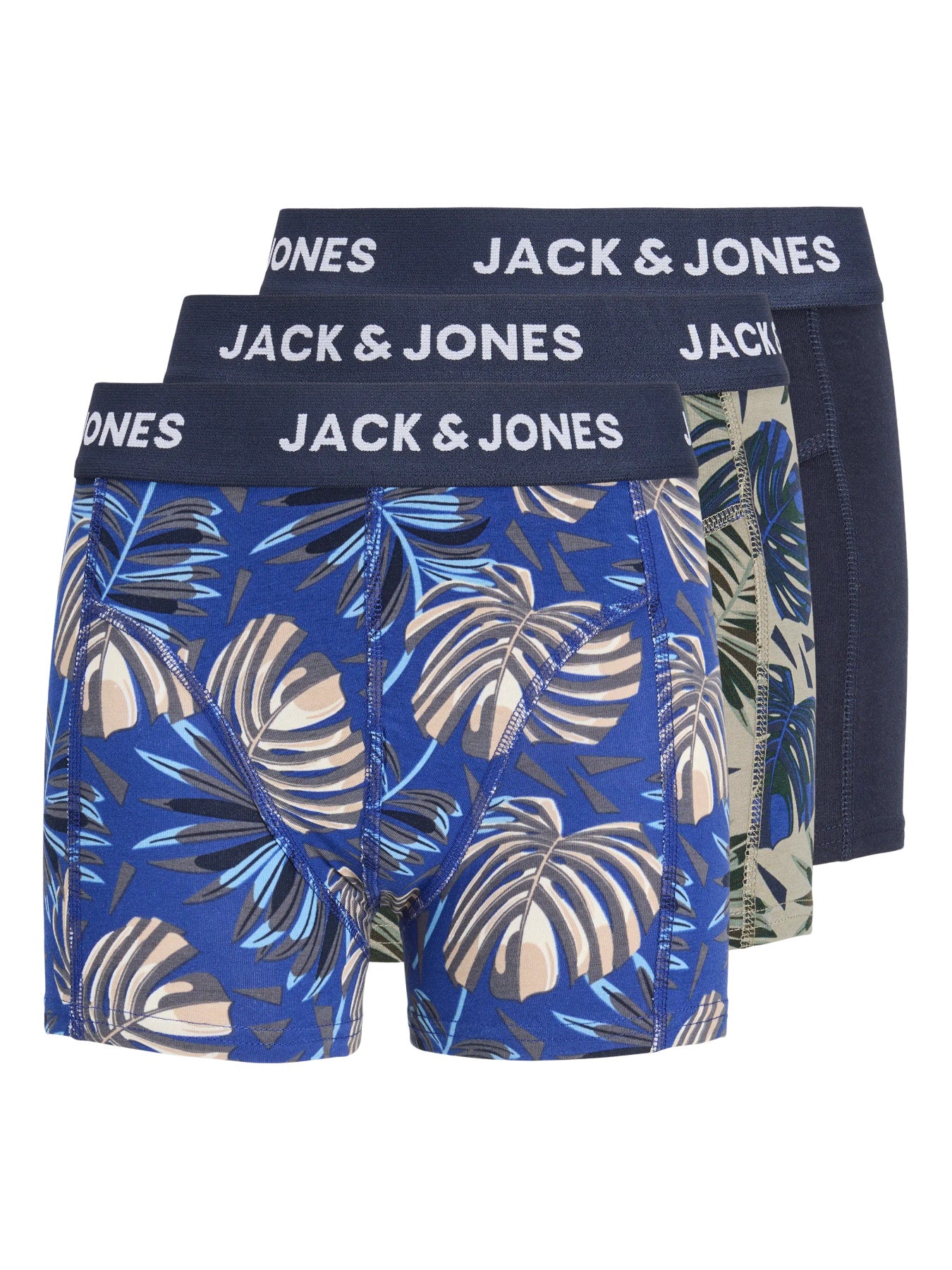 Jack & Jones Junior Hendo boxershorts 3-pack pojke junior Vetiver med tropiskt bladmönster och mörkblå kalsonger
