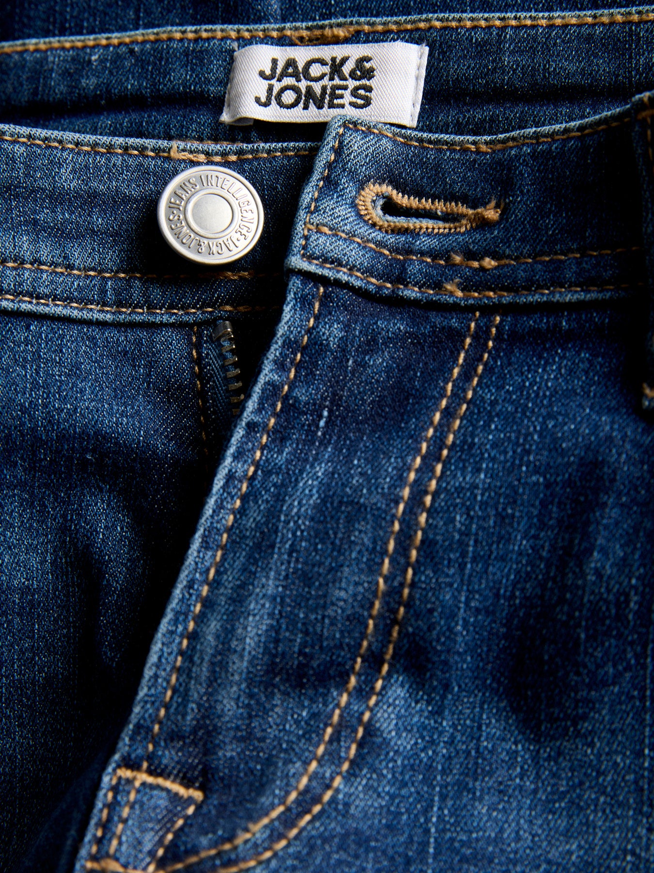 Jack & Jones Junior blå original jeans för pojke med raka ben, fem fickor och mjuk stretchig denimkvalitet